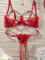 Conjunto de lencería de encaje floral erótico, sujetador abierto transparente y tanga con cadena, lencería sexy y ropa interior - details 14