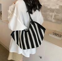 Bolso de mano informal para mujer, bolso de hombro tejido transpirable a rayas con cierre magnético, gran capacidad para viajes, desplazamientos y uso diario, diseño de rayas blancas y negras, bolso de viaje, bolso minimalista, asas duraderas, 1 unidad - details 2