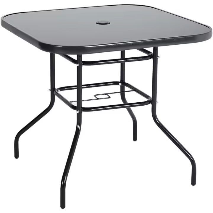 Mesa de jardín Mesa de comedor al aire libre Mesa de centro de vidrio templado Mesa de patio con orificio para sombrilla (cuadrado-80 x 80 x 72 cm) - 1