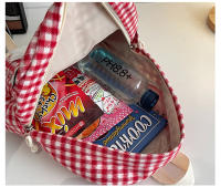 Mochila retro de gran capacidad, roja y blanca a cuadros, estilo universitario KT, mochila escolar japonesa, bonita mochila para chica. - details 14