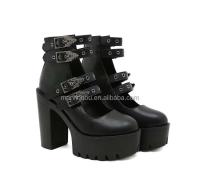 Dropshipping logo otoño nuevo artículo negro estilo gótico tacones altos gruesos zapatos de mujer hebilla de metal cinturón botas de suela gruesa - details 4