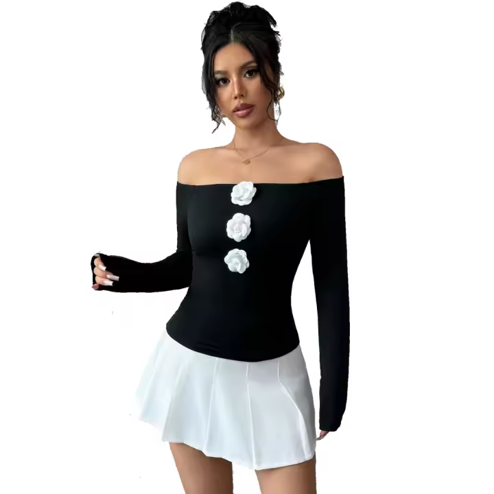 Nueva camiseta de mujer de manga larga con flores en 3D, sin tirantes, de un solo cuello, ajustada - 1