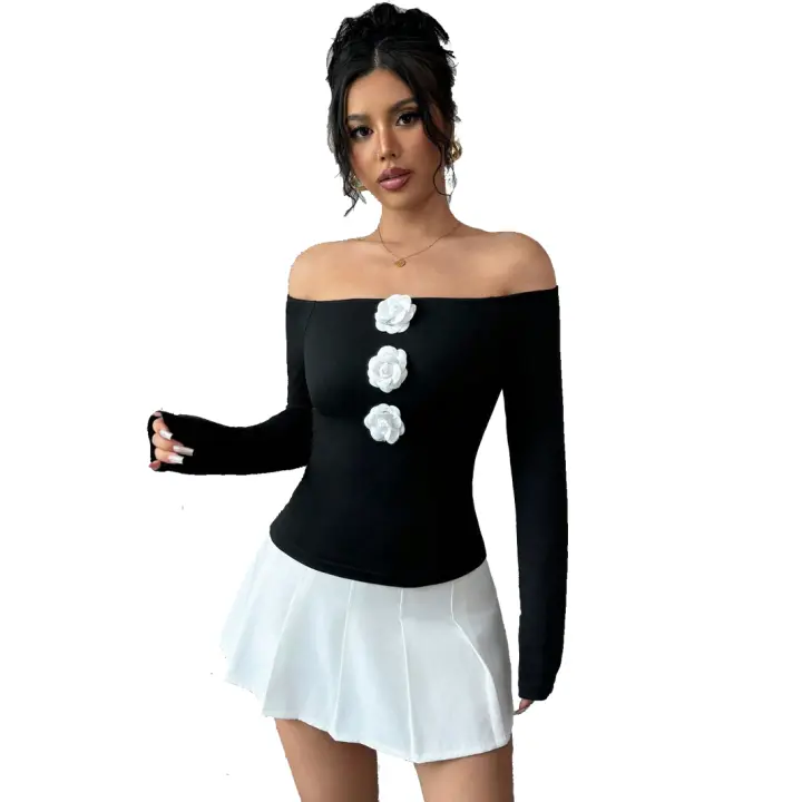 Nueva camiseta de mujer de manga larga con flores en 3D, sin tirantes, de un solo cuello, ajustada - 1