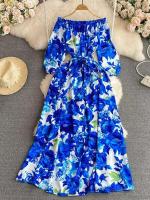 Vestido de playa estampado con hombros descubiertos, Vestidos ajustados A-e ral para mujer, vestido largo informal Vintage para primavera y verano - details 0