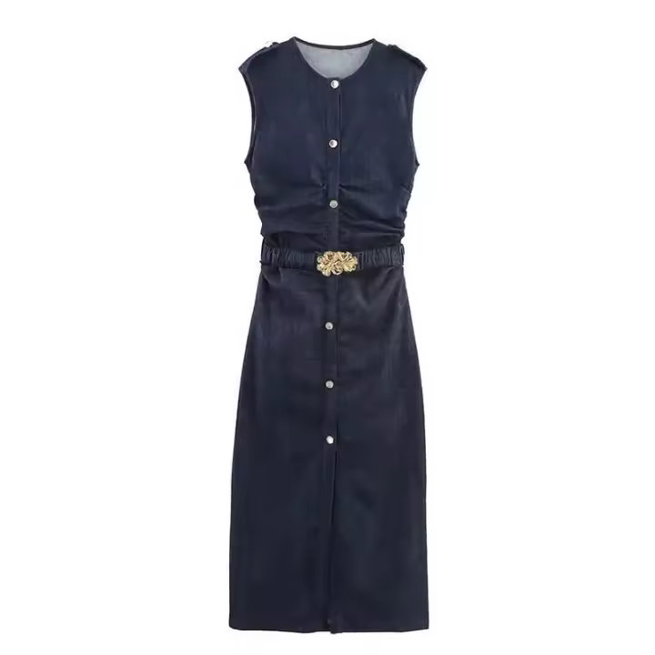 Cinturón de Denim Largo OUWU Vestido Elegante sin Mangas con Cintura Ancha - 1