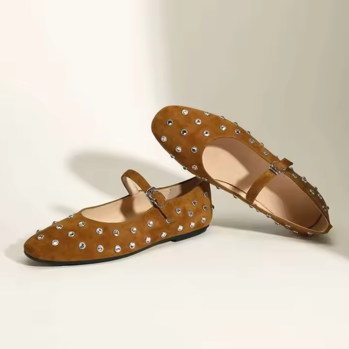 Zapatos planos de punta redonda con estampado de color claro y tacón bajo de cristal Mary Jane informales de ballet de verano para mujer - 1