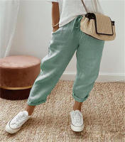 Pantalones elásticos casuales para mujer con bolsillos de lino y algodón - details 3