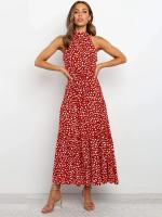 Vestido largo de mujer europea y americana 2025, nuevo vestido con cordones, estampado de lunares y cuello. - details 7