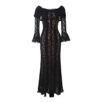 Mingmingxi Vestido de noche largo con manga acampanada para mujer, color negro, largo, para invitados de boda - details 4