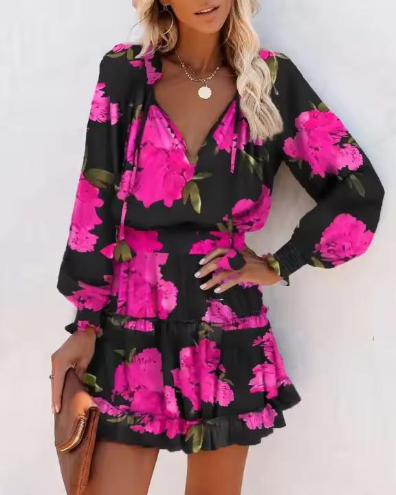 Vestido Mini de Impresión Colorida Cuello en V, Cintura Elástica, Mangas Largas, Chifón para Mujeres Primavera-Verano - 1