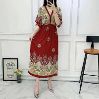 Casual bohemio estilo nacional con cuello en V cintura elástica gran Swing impreso verano Falda larga mujer vestido ropa - details 39