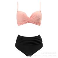 Nuevo Bikini dividido de color sólido con tiras cruzadas, traje de baño de cintura alta, sexy - details 5
