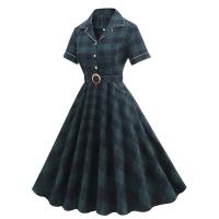 2025 nuevas mujeres Vintage a cuadros con bolsillo Rockabilly cola fiesta de té 1950s Swing Otoño Invierno vestido de manga corta - details 2