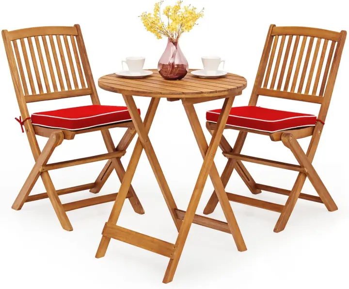Set de Bistró con 3 Piezas Plegables, Mesa y Sillas Terraza de Madera de Acacia con 2 Cojines Acolchados Extraíbles, Muebles de Exterior para Patio Jardín Veranda Balcón (Rojo) - 1