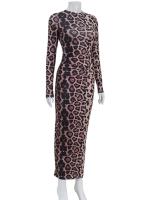 Vestido de Mango Largo con Cuello Redondo Estilo Bodycon de Leopardo para Mujeres Moda de Club Sexy - details 5