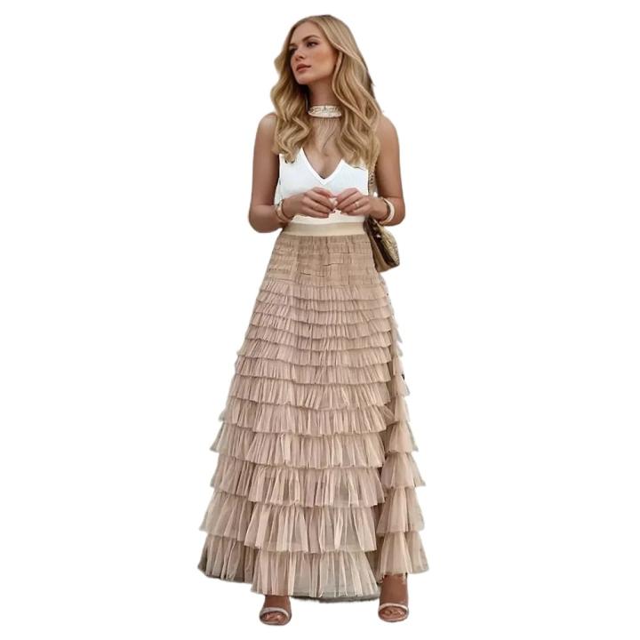 Falda de malla con volantes multicapa para mujer, falda larga de tul de cintura alta, estilo bohemio, ropa de fiesta para primavera y verano, 2025