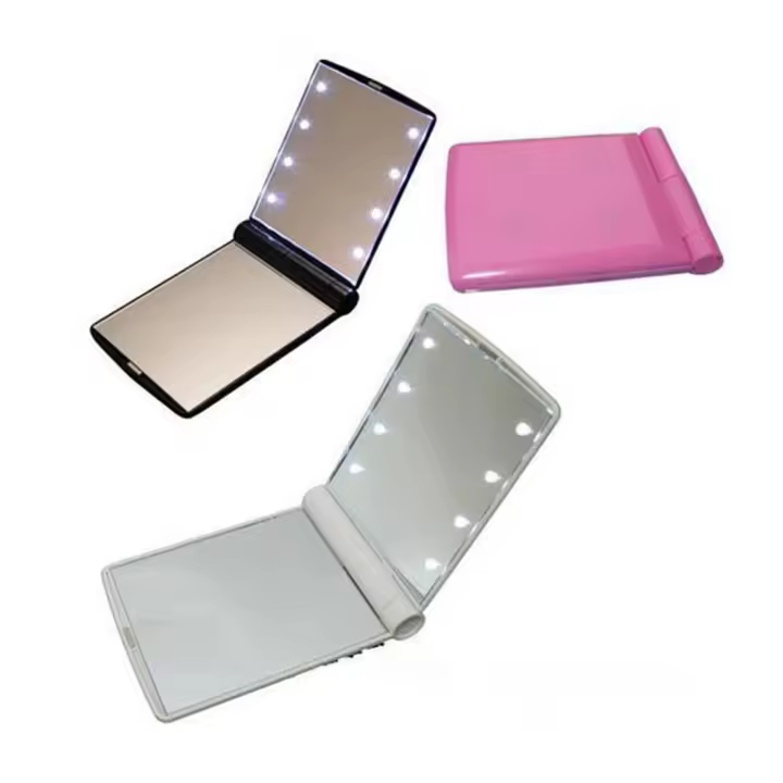 Espejo LED portátil con luces de tocador rosas, lámpara de espejo led plegable de mano, espejo de bolsillo de maquillaje compacto - 1