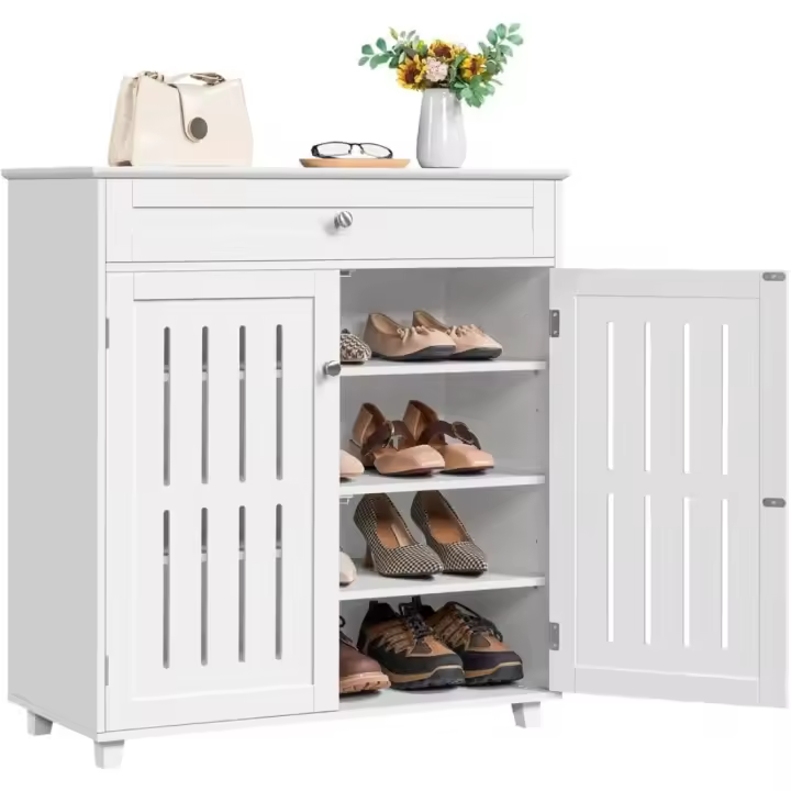 Zapatero de Mueble Blanco de 2 Puertas Armario de 4 Niveles con Cajón y Estantes Ajustables para Entrada de Salón - 1