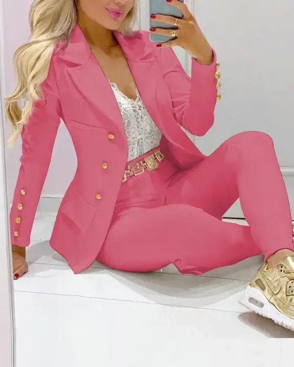 Conjunto de Chándal para Mujer de 2 Piezas Chaqueta de Manga Larga Sólida, Pantalones, Conjuntos de Traje, Chándal para Mujer de Oficina, Conjunto de Dos Piezas, Trajes de Fitness para Mujer - 1