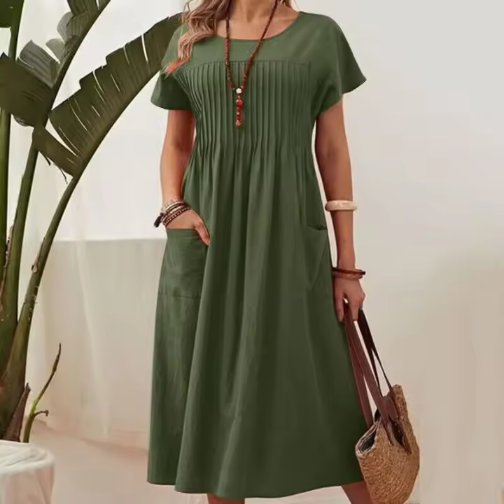 Nuevo vestido plisado de manga corta de algodón y lino con bolsillos y cuello redondo en color liso para mujer, vestidos midi verde militar - 1