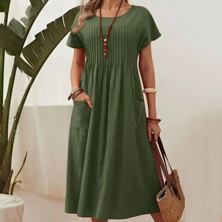 Nuevo vestido plisado de manga corta de algodón y lino con bolsillos y cuello redondo en color liso para mujer, vestidos midi verde militar - 1