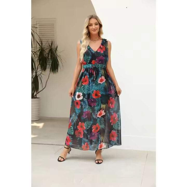 Vestido Largo Boho Playa con Escote V y Flores, Vestido sin Mangas Veraniego de Algodón |     Estilo Retro para Vacaciones o Eventos - 1