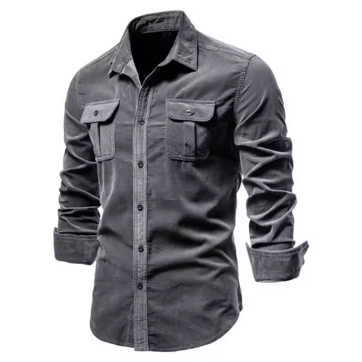 día del padre Camisas de primavera y otoño para hombre Camisa casual de manga larga Ropa de hombre de calidad de pana Rebeca de un solo pecho con solapa de bolsillo - 1