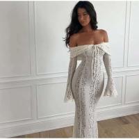 Vestido largo acampanado de manga larga con corte elegante, Vestidos ceñidos con hombros descubiertos y cordones para mujer, prendas de vestir para mujer 2025 - details 16