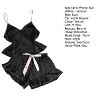 Pijama de satén liso para mujer, camiseta con cuello en V, pantalones cortos con lazo con volantes, conjunto de pijama sencillo y transpirable - details 12