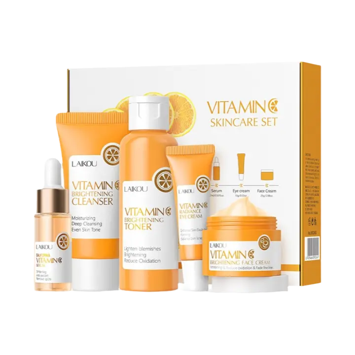 LAIKOU Serie de vitamina C, conjunto de productos para el cuidado de la piel, conjunto de 5 piezas para el cuidado de la piel, limpiador, esencia de tóner, crema para ojos y crema facial - 1