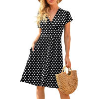 Ropa de mujer europea y americana de manga corta estampado de bolsillo de longitud media vestido - details 9