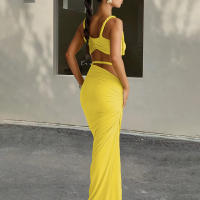 BUNO-Conjunto de 2 piezas de tejido para mujer, camisolas cortas plisadas lisas impresionantes + faldas largas de cintura alta, traje de vacaciones de tendencia femenina - details 49
