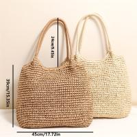 Bolsa de mano tejida de capacidad, estilo informal de vacaciones con correas de hombro fijas, cierre de cremallera, forro de poliéster, color sólido, ideal para viajes al aire libre, camping, compras diarias y almacenamiento - details 1