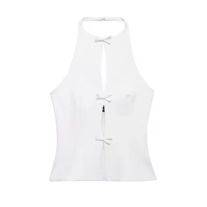 BUNO-Chaleco con lazo y espalda descubierta para mujer, Top calado sin mangas con cuello Halter, falda ajustada elegante, camisetas sin mangas femeninas Y2k, Top corto para oficina - 1