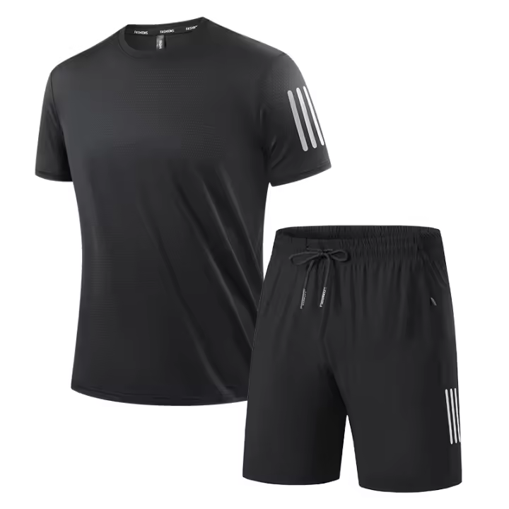 Conjunto casual de talla grande para hombre de pantalones de seda helada con camiseta holgada de manga corta, alta elasticidad, drapeado, conjunto deportivo de secado rápido, tres rayas clásicas, 8XL. - 1