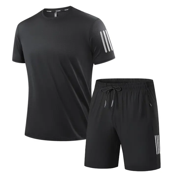 Conjunto casual de talla grande para hombre de pantalones de seda helada con camiseta holgada de manga corta, alta elasticidad, drapeado, conjunto deportivo de secado rápido, tres rayas clásicas, 8XL. - 1