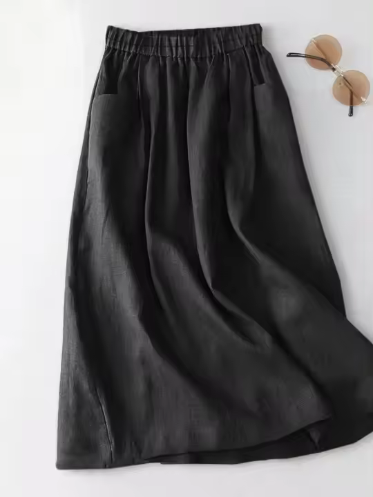 Falda recta de algodón de verano para mujer, bolsillo con cintura elástica, falda informal lisa retro - 1