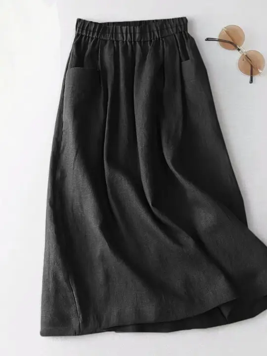 Falda recta de algodón de verano para mujer, bolsillo con cintura elástica, falda informal lisa retro - 1