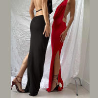 BUNO-Vestido con cuello Halter y huecos de gato extraño para mujer, vestido Sexy sin mangas con aberturas y cuello bajo, vestido ceñido largo coqueteo para banquete de medianoche - details 5