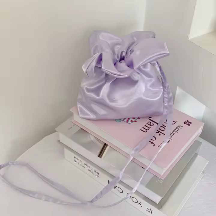 Paquete ligero de bolsillo con cordón de flores, bolsa de almacenamiento, bolso de flores de estilo coreano, bolso de hombro de mezclilla satinado a cuadros, compras - 1