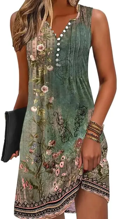 Bohemian Beach para mujer vestido retro de verano con cuello en V hasta la rodilla - 1