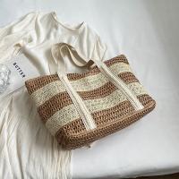 Bolsos de hombro de paja a rayas grandes para viajes de playa, bolso de mano tejido a mano, informal para vacaciones - details 1