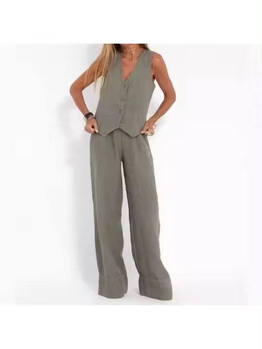 2025 nueva moda chaleco pantalones collage empalme algodón y lino traje casual. - 1