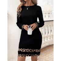 Vestido de mujer con estampado de leopardo, manga larga para otoño invierno, vestido pequeño negro con corte acampanado y falda. - details 7