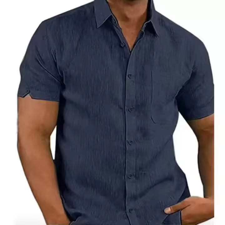 Camisas de Lino y Algodón para Hombre en Verano Pantalón Corto Informal, Camisas con Manga, Blusas Lisas con Cuello Giratorio, Camisas Formales de Playa - 1