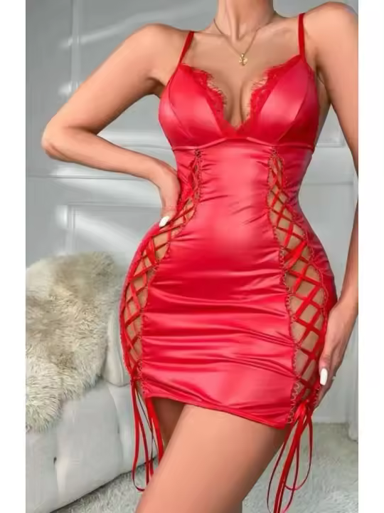 Lencería sin mangas de cuero PU con cuello en V y vestido cálido para discoteca, cintura resistente - 1