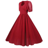 Vestido de fiesta largo vintage elegante de gasa de manga corta con farol liso de verano con cuello en V para mujer - details 3