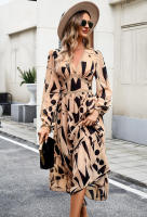Vestido de manga larga con cuello en V estampado informal para vacaciones de otoño a la moda para mujer - details 17