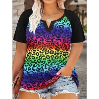 Camiseta de manga corta con estampado floral de leopardo y corte holgado informal para mujer de talla grande |     Top de verano de gran tamaño - details 4