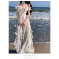 Estilo de vacaciones junto al mar falda con tirantes hilo borde con volantes vestido de playa atmósfera vestido largo elegante ventilador de hadas - details 10